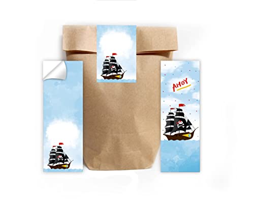 12 Lesezeichen + 12 Geschenktüten (Natur) + 12 Aufkleber Piraten-Party Piratenschiff Mitgebsel Gastgeschenk beim Kindergeburtstag Jungen Mädchen von Junapack