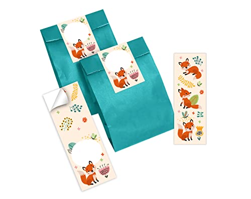 12 Lesezeichen + 12 Geschenktüten (Petrol) + 12 Aufkleber Fuchs Mitgebsel Gastgeschenk beim Kindergeburtstag Mädchen Jungen von Junapack