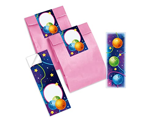12 Lesezeichen + 12 Geschenktüten (rosa) + 12 Aufkleber Bowling Bowling-Party Mitgebsel Gastgeschenk beim Kindergeburtstag Jungen Mädchen von Junapack