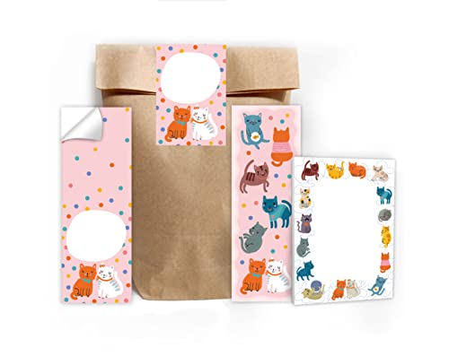 12 Lesezeichen + 12 Mini-Notizblöcke + 12 Geschenktüten (Natur) + 12 Aufkleber Katze Katzen Mitgebsel Gastgeschenk beim Kindergeburtstag Mädchen Jungen von Junapack