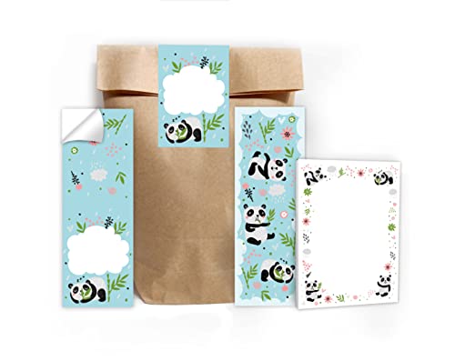 12 Lesezeichen + 12 Mini-Notizblöcke + 12 Geschenktüten (Natur) + 12 Aufkleber Panda Mitgebsel Gastgeschenk beim Kindergeburtstag Mädchen Jungen von Junapack