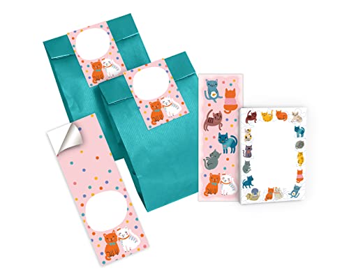 12 Lesezeichen + 12 Mini-Notizblöcke + 12 Geschenktüten (Petrol) + 12 Aufkleber Katze Katzen Mitgebsel Gastgeschenk beim Kindergeburtstag Mädchen Jungen von Junapack