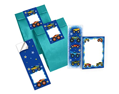 12 Lesezeichen + 12 Mini-Notizblöcke + 12 Geschenktüten (Petrol) + 12 Aufkleber Monster-Truck Monstertruck Mitgebsel Gastgeschenk beim Kindergeburtstag Jungen von Junapack