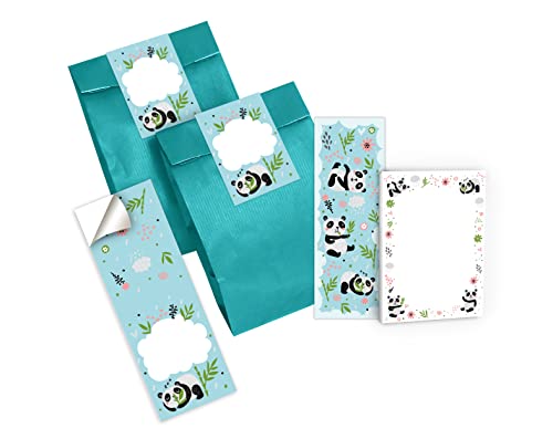 12 Lesezeichen + 12 Mini-Notizblöcke + 12 Geschenktüten (Petrol) + 12 Aufkleber Panda Mitgebsel Gastgeschenk beim Kindergeburtstag Mädchen Jungen von Junapack