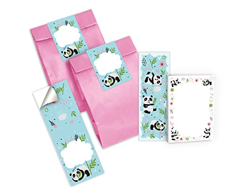 12 Lesezeichen + 12 Mini-Notizblöcke + 12 Geschenktüten (rosa) + 12 Aufkleber Panda Mitgebsel Gastgeschenk beim Kindergeburtstag Mädchen Jungen von Junapack