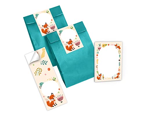 12 Mini-Notizblöcke + 12 Geschenktüten (Petrol) + 12 Aufkleber Fuchs Mitgebsel Gastgeschenk beim Kindergeburtstag Mädchen Jungen von Junapack
