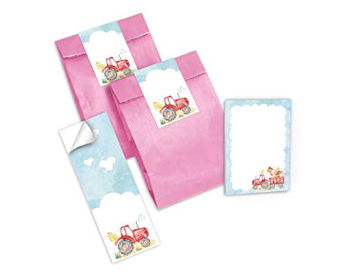 12 Mini-Notizblöcke + 12 Geschenktüten (rosa) + 12 Aufkleber Bauernhof Mitgebsel Gastgeschenk beim Kindergeburtstag Mädchen und Jungen von Junapack