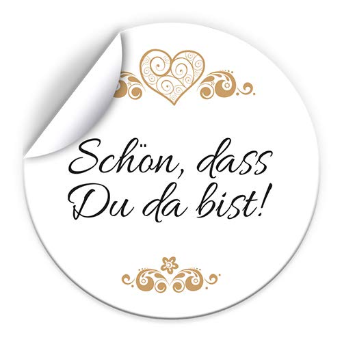 50 Aufkleber SCHÖN, DASS DU DA BIST Etiketten für Gastgeschenke BZW. Mitgebsel bei Hochzeit Taufe Geburtstag Jubiläum (4,5 cm rund) von Junapack