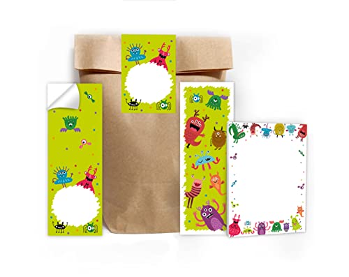 6 Lesezeichen + 6 Mini-Notizblöcke + 6 Geschenktüten (Natur) + 6 Aufkleber Monster Mitgebsel Gastgeschenk beim Kindergeburtstag Jungen Mädchen von Junapack