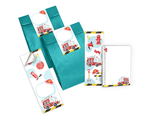 6 Lesezeichen + 6 Mini-Notizblöcke + 6 Geschenktüten (Petrol) + 6 Aufkleber Feuerwehr Feuerwehrauto Mitgebsel Gastgeschenk beim Kindergeburtstag Jungen von Junapack