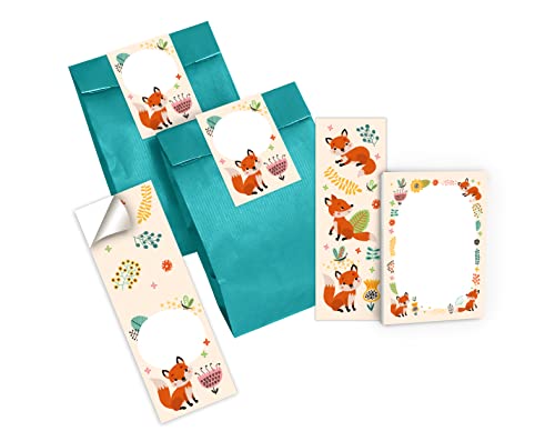 6 Lesezeichen + 6 Mini-Notizblöcke + 6 Geschenktüten (Petrol) + 6 Aufkleber Fuchs Mitgebsel Gastgeschenk beim Kindergeburtstag Mädchen Jungen von Junapack