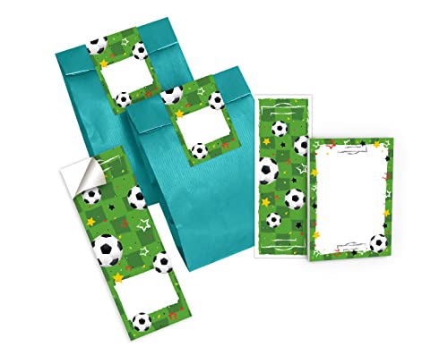 6 Lesezeichen + 6 Mini-Notizblöcke + 6 Geschenktüten (Petrol) + 6 Aufkleber Fussball Fußball Mitgebsel Gastgeschenk beim Kindergeburtstag Jungen von Junapack