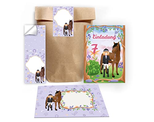 Junapack 12 Einladungskarten Mädchen mit Pferd zum 7. Kindergeburtstag siebte Geburtstag Mädchen incl. 12 Umschläge, 12 Tüten / Natur, 12 Aufkleber von Junapack