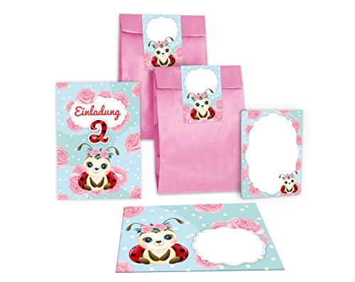 Junapack 12 Einladungskarten zum 2. Kindergeburtstag zweite Geburtstag Mädchen Marienkäfer incl. 12 Umschläge, 12 Tüten/rosa, 12 Aufkleber, 12 Blöcke von Junapack