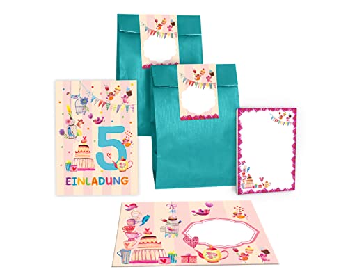 Junapack 12 Einladungskarten zum 5. Kindergeburtstag Einladung zum fünften Geburtstag Mädchen Vögelchen incl. 12 Umschläge, 12 Tüten/Petrol, 12 Aufkleber, 12 Blöcke von Junapack