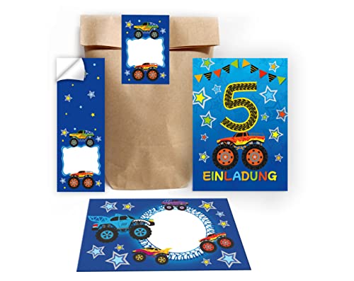 Junapack 12 Einladungskarten zum 5. Kindergeburtstag fünfte Geburtstag Jungen Monster-Truck Auto incl. 12 Umschläge, 12 Tüten/Natur, 12 Aufkleber Junapack 12 Einladungskarten zum 5. Kindergeburtstag fünfte Geburtstag Jungen Monster-Truck Auto incl. 12 Umschläge, 12 Tüten/Natur, 12 Aufkleber von Junapack