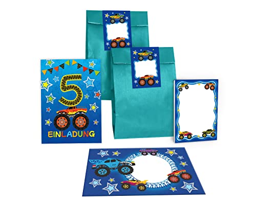 Junapack 12 Einladungskarten zum 5. Kindergeburtstag fünfte Geburtstag Jungen Monster-Truck Auto incl. 12 Umschläge, 12 Tüten/Petrol, 12 Aufkleber, 12 Blöcke Junapack 12 Einladungskarten zum 5. Kindergeburtstag fünfte Geburtstag Jungen Monster-Truck Auto incl. 12 Umschläge, 12 Tüten/Petrol, 12 Aufkleber, 12 Blöcke von Junapack