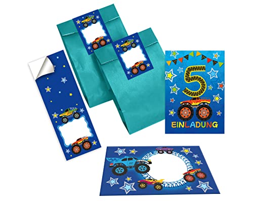 Junapack 12 Einladungskarten zum 5. Kindergeburtstag fünfte Geburtstag Jungen Monster-Truck Auto incl. 12 Umschläge, 12 Tüten/Petrol, 12 Aufkleber von Junapack