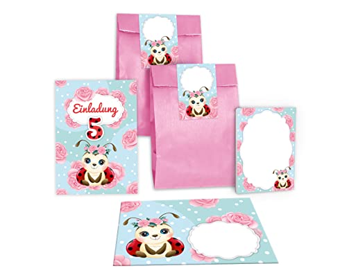 Junapack 12 Einladungskarten zum 5. Kindergeburtstag fünfte Geburtstag Mädchen Marienkäfer incl. 12 Umschläge, 12 Tüten/rosa, 12 Aufkleber, 12 Blöcke von Junapack