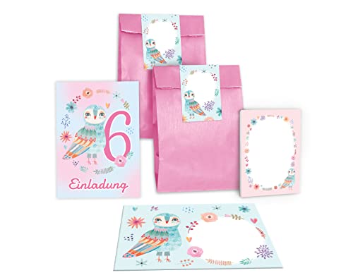 Junapack 12 Einladungskarten zum 6. Kindergeburtstag Einladung zum sechsten Geburtstag Mädchen Eule incl. 12 Umschläge, 12 Tüten/rosa, 12 Aufkleber, 12 Blöcke von Junapack