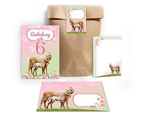 Junapack 12 Einladungskarten zum 6. Kindergeburtstag sechste Geburtstag Mädchen Pferd mit Fohlen incl. 12 Umschläge, 12 Tüten/Natur, 12 Aufkleber, 12 Blöcke von Junapack