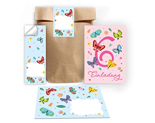 Junapack 12 Einladungskarten zum 6. Kindergeburtstag sechste Geburtstag Mädchen Schmetterlinge incl. 12 Umschläge, 12 Tüten / Natur, 12 Aufkleber von Junapack