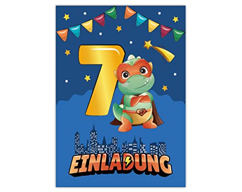 Junapack 12 Einladungskarten zum 7. Kindergeburtstag siebte Geburtstag Jungen Dinosaurier Dino Geburtstagseinladungen von Junapack