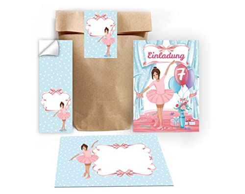 Junapack 12 Einladungskarten zum 7. Kindergeburtstag siebte Geburtstag Mädchen Ballerina incl. 12 Umschläge, 12 Tüten / Natur, 12 Aufkleber von Junapack