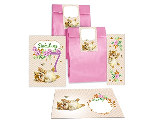 Junapack 12 Einladungskarten zum 7. Kindergeburtstag siebte Geburtstag Mädchen Katze incl. 12 Umschläge, 12 Tüten/rosa, 12 Aufkleber, 12 Lesezeichen von Junapack