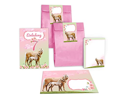 Junapack 12 Einladungskarten zum 7. Kindergeburtstag siebte Geburtstag Mädchen Pferd mit Fohlen mit Einhorn incl. 12 Umschläge, 12 Tüten/rosa, 12 Aufkleber, 12 Blöcke von Junapack