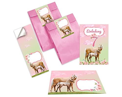 Junapack 12 Einladungskarten zum 7. Kindergeburtstag siebte Geburtstag Mädchen Pferd mit Fohlen mit Einhorn incl. 12 Umschläge, 12 Tüten / rosa, 12 Aufkleber von Junapack