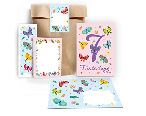 Junapack 12 Einladungskarten zum 7. Kindergeburtstag siebte Geburtstag Mädchen Schmetterlinge incl. 12 Umschläge, 12 Tüten/Natur, 12 Aufkleber, 12 Lesezeichen, 12 Blöcke von Junapack