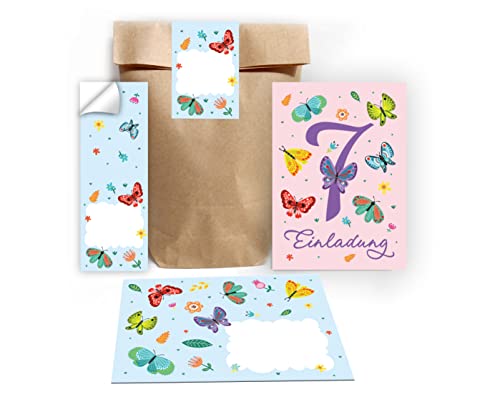 Junapack 12 Einladungskarten zum 7. Kindergeburtstag siebte Geburtstag Mädchen Schmetterlinge incl. 12 Umschläge, 12 Tüten / Natur, 12 Aufkleber von Junapack