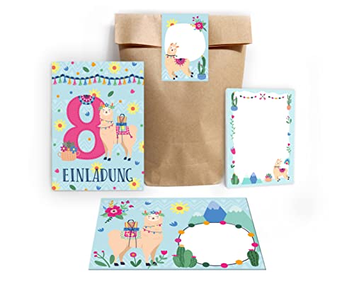 Junapack 12 Einladungskarten zum 8. Kindergeburtstag Einladung zum achten Geburtstag Mädchen Lama incl. 12 Umschläge, 12 Tüten/Natur, 12 Aufkleber, 12 Blöcke von Junapack