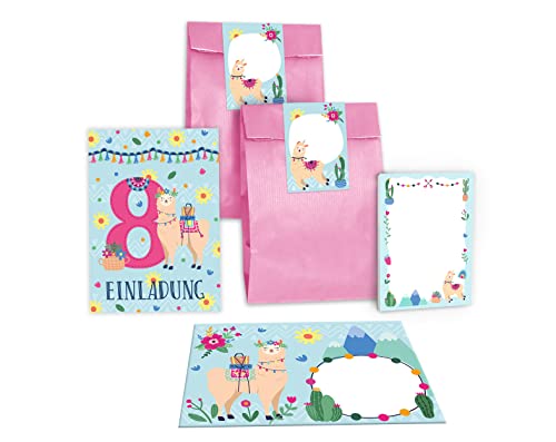 Junapack 12 Einladungskarten zum 8. Kindergeburtstag Einladung zum achten Geburtstag Mädchen Lama incl. 12 Umschläge, 12 Tüten/rosa, 12 Aufkleber, 12 Blöcke von Junapack