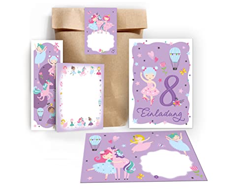 Junapack 12 Einladungskarten zum 8. Kindergeburtstag achte Geburtstag Mädchen Ballerina incl. 12 Umschläge, 12 Tüten/Natur, 12 Aufkleber, 12 Lesezeichen, 12 Blöcke von Junapack