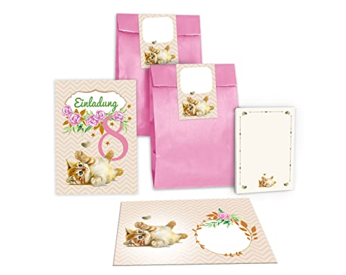 Junapack 12 Einladungskarten zum 8. Kindergeburtstag achte Geburtstag Mädchen Katze incl. 12 Umschläge, 12 Tüten/rosa, 12 Aufkleber, 12 Blöcke von Junapack