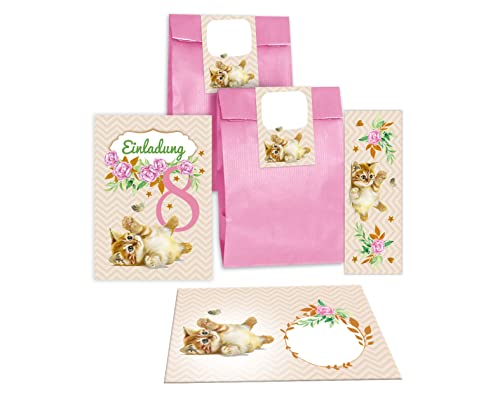 Junapack 12 Einladungskarten zum 8. Kindergeburtstag achte Geburtstag Mädchen Katze incl. 12 Umschläge, 12 Tüten/rosa, 12 Aufkleber, 12 Lesezeichen von Junapack