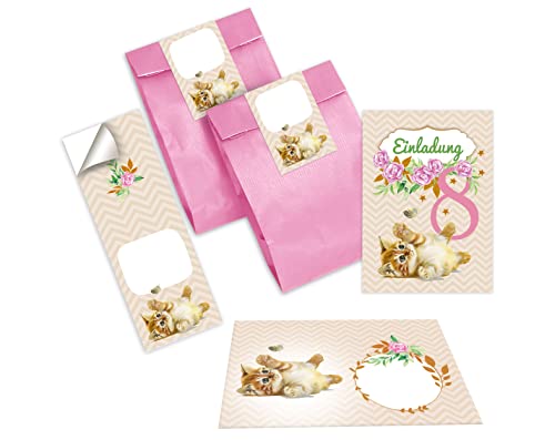 Junapack 12 Einladungskarten zum 8. Kindergeburtstag achte Geburtstag Mädchen Katze incl. 12 Umschläge, 12 Tüten/rosa, 12 Aufkleber von Junapack