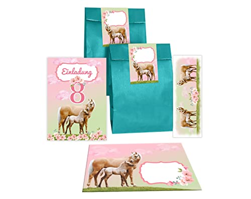 Junapack 12 Einladungskarten zum 8. Kindergeburtstag achte Geburtstag Mädchen Pferd mit Fohlen mit Einhorn incl. 12 Umschläge, 12 Tüten/Petrol, 12 Aufkleber, 12 Lesezeichen von Junapack