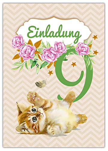 Junapack 12 Einladungskarten zum 9. Kindergeburtstag neunte Geburtstag Mädchen Katze von Junapack