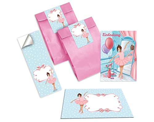 Junapack 12 Einladungskarten zum Kindergeburtstag Mädchen Ballerina incl. 12 Umschläge, 12 Tüten / rosa, 12 Aufkleber von Junapack