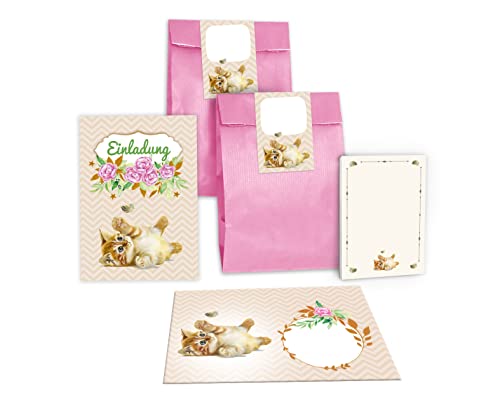 Junapack 12 Einladungskarten zum Kindergeburtstag Mädchen Katze incl. 12 Umschläge, 12 Tüten/rosa, 12 Aufkleber, 12 Blöcke von Junapack