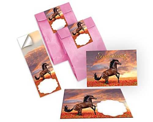 Junapack 12 Einladungskarten zum Kindergeburtstag Mädchen Pferd incl. 12 Umschläge, 12 Tüten / rosa, 12 Aufkleber von Junapack