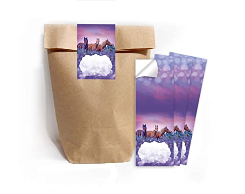 Junapack 12 Geschenktüten (Natur) + 12 Aufkleber Pferd lila für Mitgebsel Gastgeschenk beim Kindergeburtstag Mädchen von Junapack