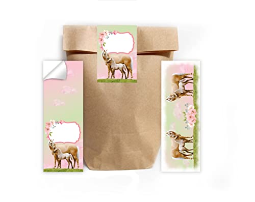 Junapack 12 Lesezeichen + 12 Geschenktüten (Natur) + 12 Aufkleber Pferd mit Fohlen Mitgebsel Gastgeschenk beim Kindergeburtstag Mädchen von Junapack
