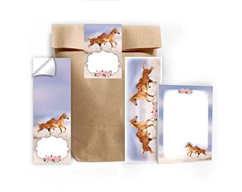 Junapack 12 Lesezeichen + 12 Mini-Notizblöcke + 12 Geschenktüten (Natur) + 12 Aufkleber Pferd mit Fohlen Mitgebsel Gastgeschenk beim Kindergeburtstag Mädchen von Junapack