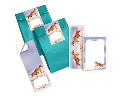 Junapack 12 Lesezeichen + 12 Mini-Notizblöcke + 12 Geschenktüten (Petrol) + 12 Aufkleber Pferd mit Fohlen Mitgebsel Gastgeschenk beim Kindergeburtstag Mädchen von Junapack