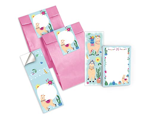 Junapack 12 Lesezeichen + 12 Mini-Notizblöcke + 12 Geschenktüten (rosa) + 12 Aufkleber Lama Mitgebsel Gastgeschenk beim Kindergeburtstag Mädchen von Junapack