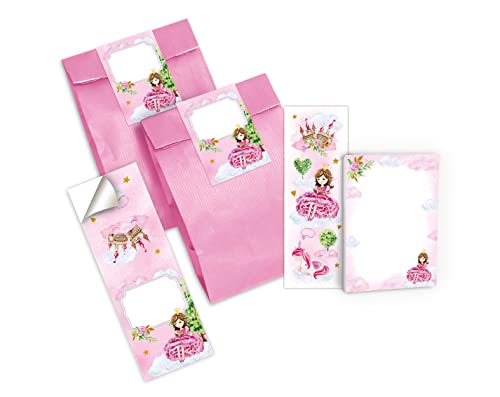 Junapack 12 Lesezeichen + 12 Mini-Notizblöcke + 12 Geschenktüten (rosa) + 12 Aufkleber Prinzessin Mitgebsel Gastgeschenk beim Kindergeburtstag Mädchen von Junapack